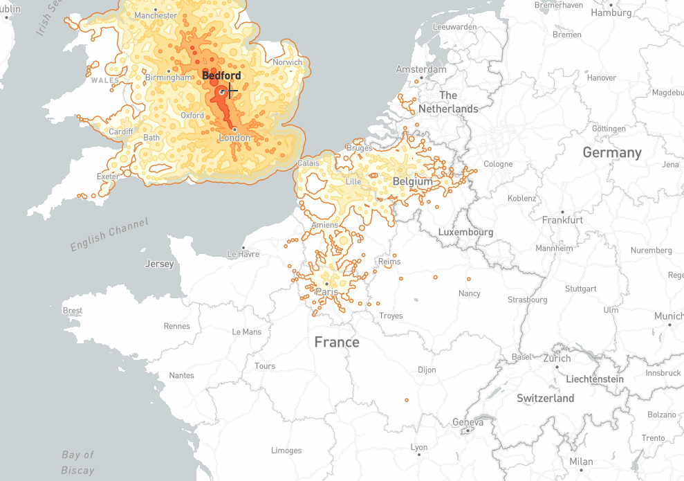 An nimated map showing average train time across Europe via Chronotrains platform