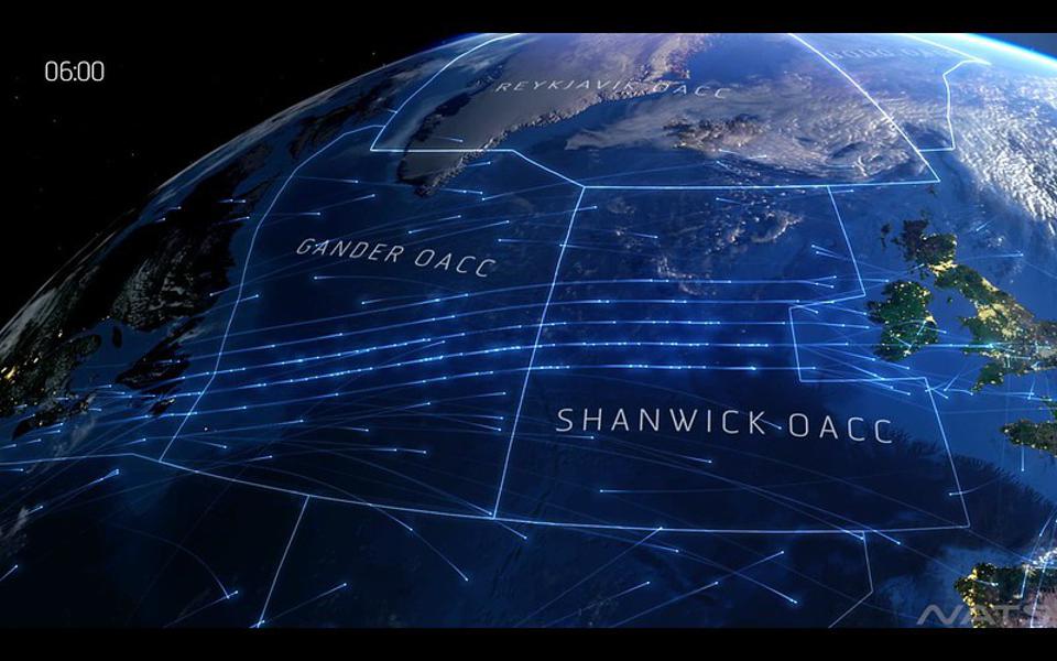 Visualisation of aircraft flying eastbund across the Atlantic at 6am.
