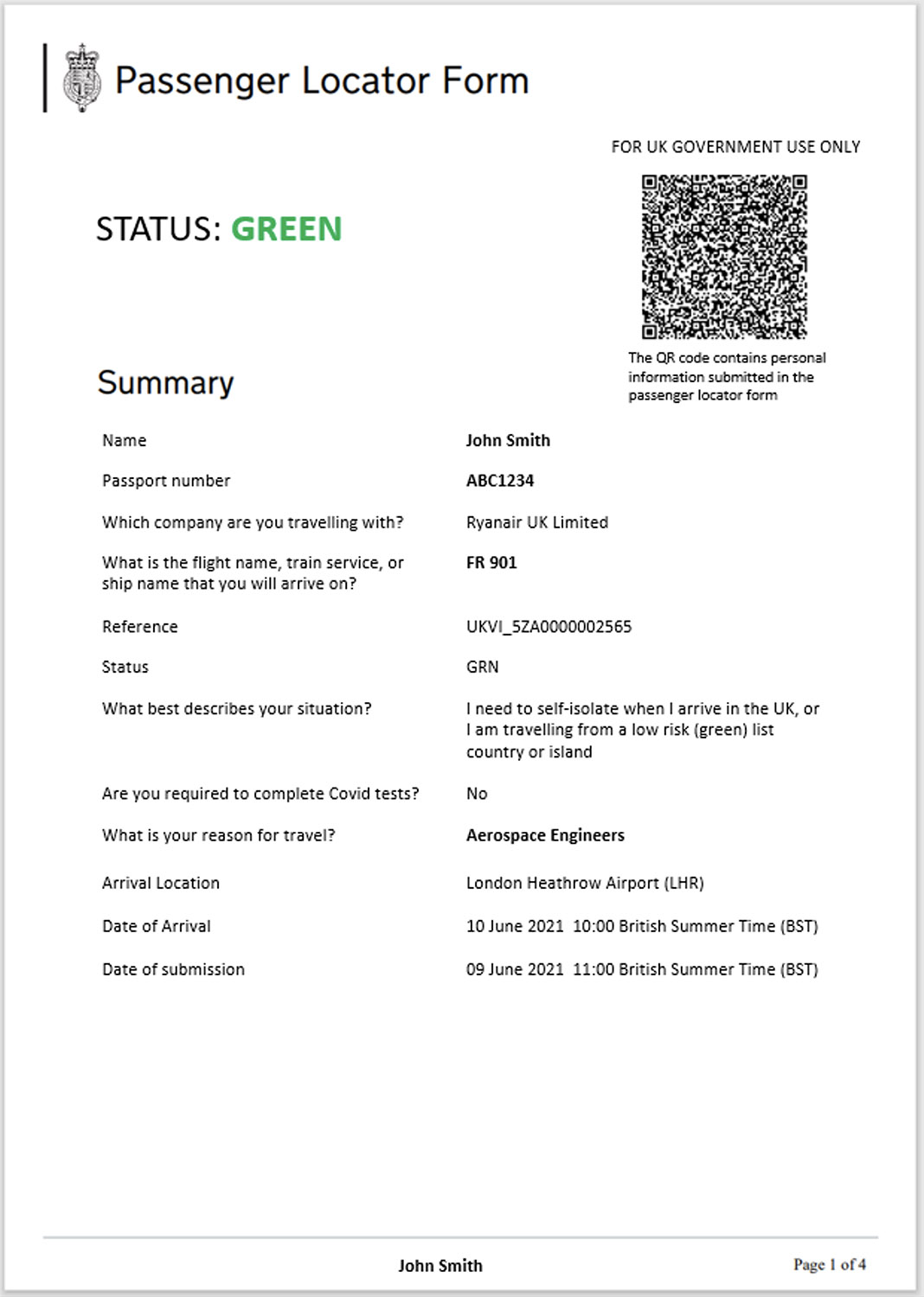 Passenger Locator Form mock-upGreen List: Exemptions - Staying in the UK