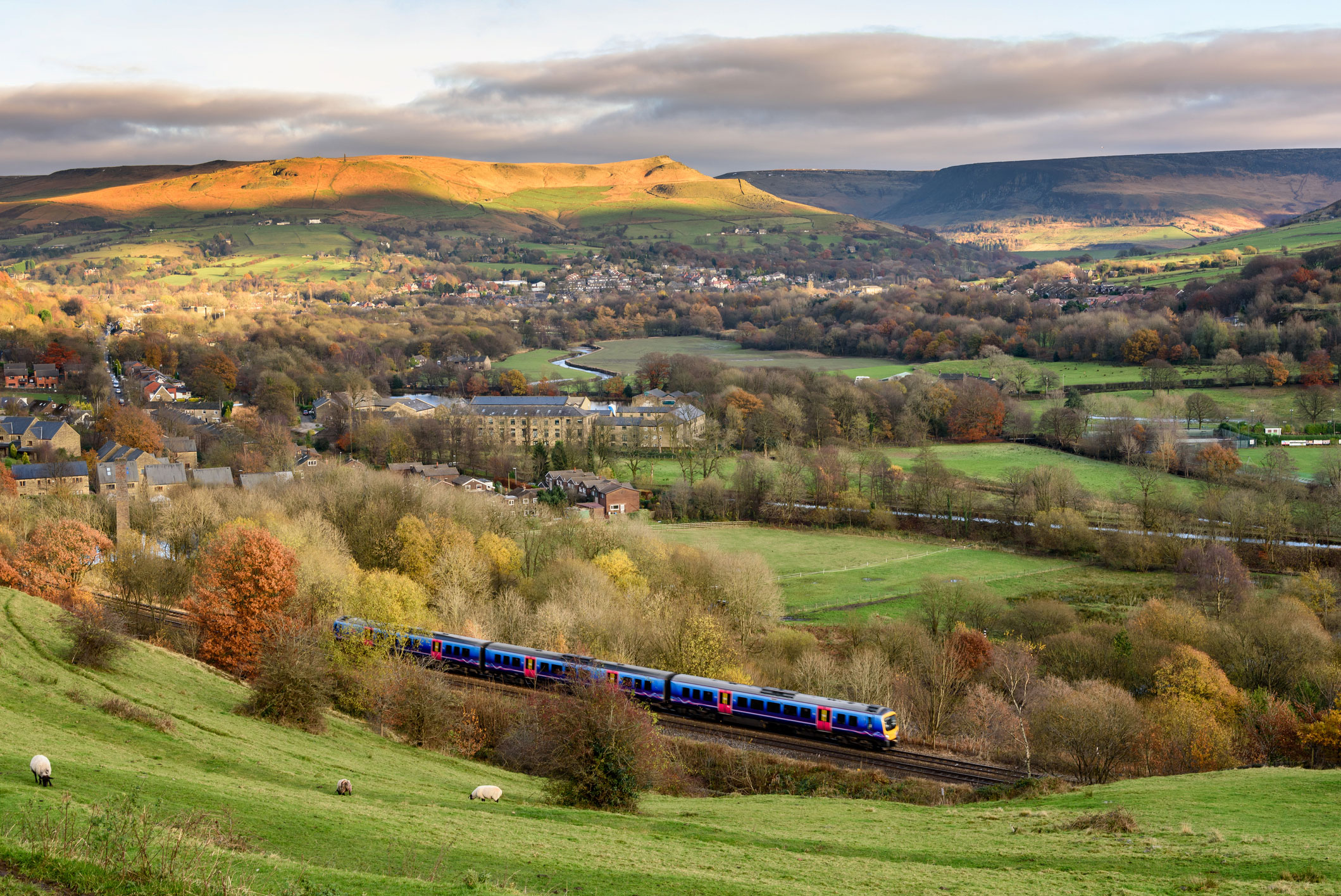 uk train on tracks going through hilly British countryside