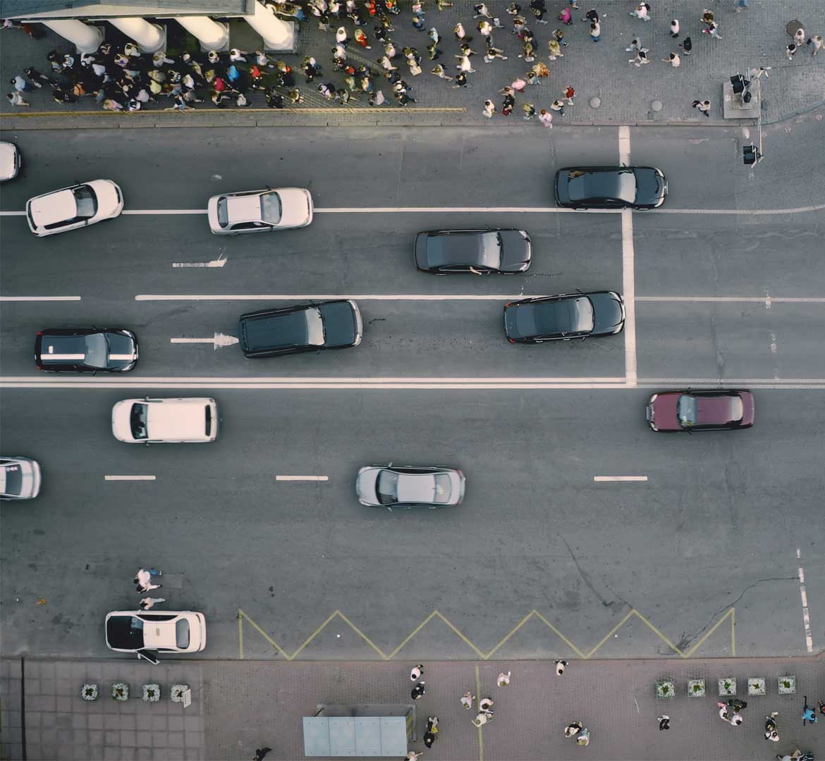 Aerial view of busy car intersection